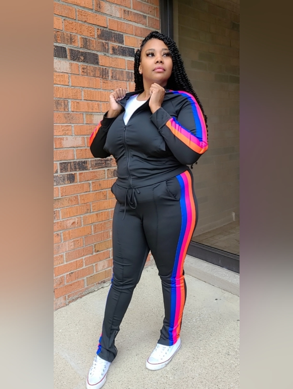 Women’s Black Track Pants with Pink & Blue Stripe